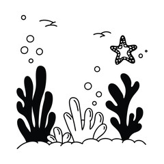 Fototapeta premium Underwater moss plants black silhouette line-art for childern book vector art illustration.