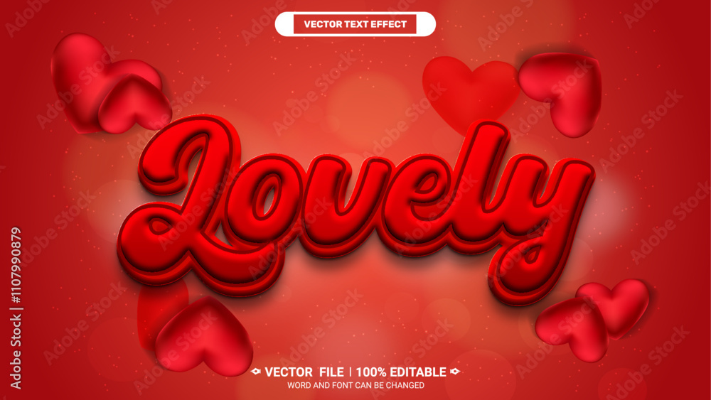 Poster lovely glowing red color 3d editable vector text style effect with love background