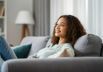 A happy woman, distracted from her work, thinking her success, looking away