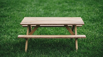 Fototapeta premium A simple wooden picnic table sits on lush green grass, creating a serene outdoor setting ideal for gatherings or relaxation.