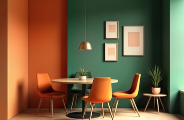 Fototapeta premium Stylish dining area with orange, green walls. Modern round wooden table, orange chairs. Empty space creates contemporary feel. Stylish design with soft colors. Stylish interiors. Contemporary decor.