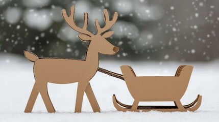 A cardboard reindeer pulls a sleigh through falling snow, capturing a whimsical winter scene.