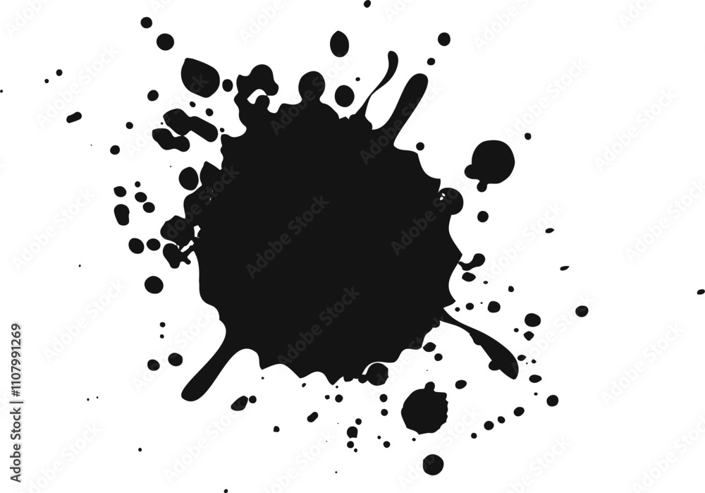 Poster black ink splatters dramatically against a pristine white backdrop, creating an abstract expression 