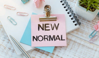 NEW NORMAL text with notebook, safety face mask, keyboard, fountain pen, hand sanitizer and decorative plant on wooden background.