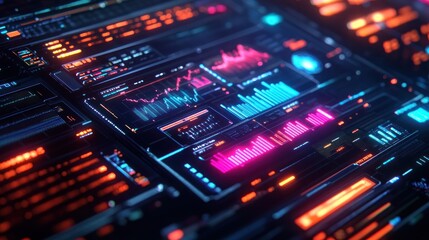 Obraz premium A futuristic digital interface with glowing graphs and data visualizations.