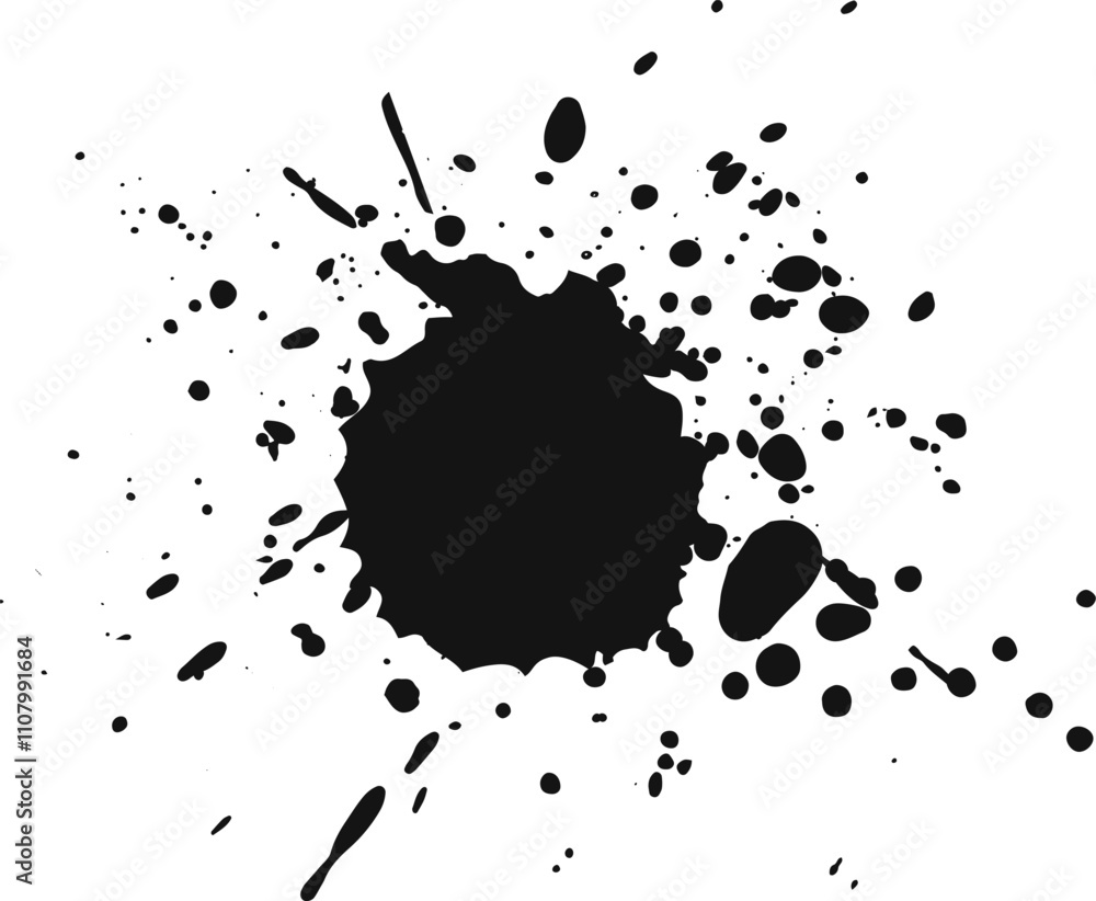 Poster black ink splattering on white background, creating dynamic contrast and abstract shape.