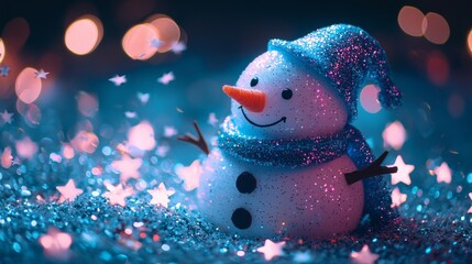 Obraz premium A charming, sparkling snowman with a blue hat and scarf sits on a glittery surface, surrounded by soft glowing lights and starry decorations.