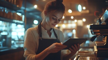 A barista using a tablet in a cozy coffee shop setting.