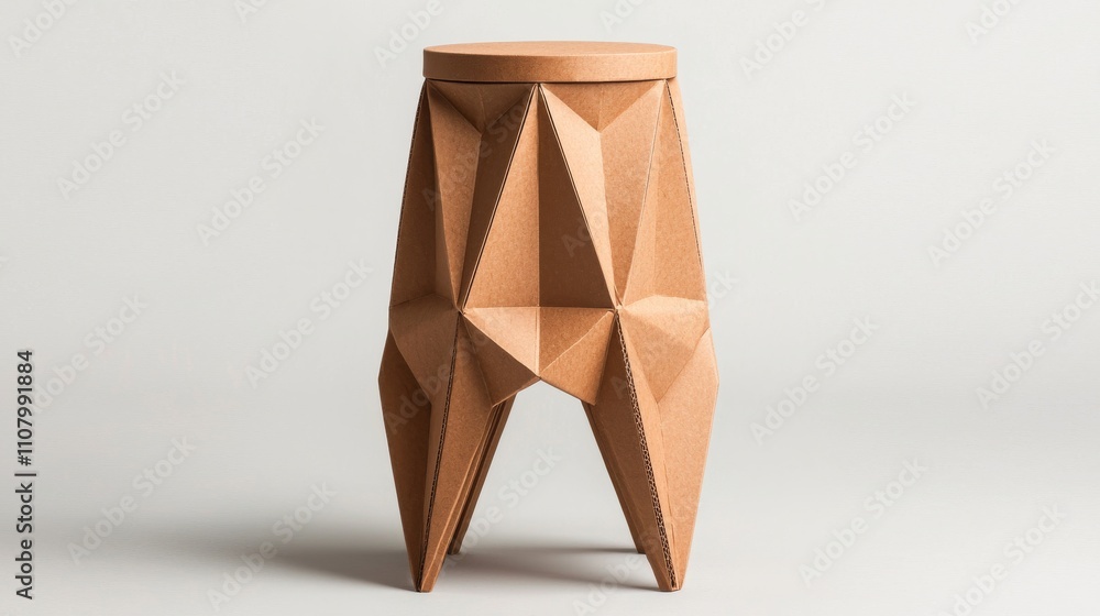 Poster a geometric wooden stool featuring a faceted design, combining aesthetics and functionality in a mod