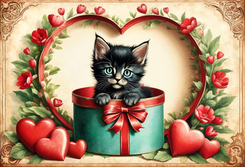 Valentine’s day vintage kitten with hearts, valentine, black kitten in a gift box, Valentine’s day vintage frame, birthday gift