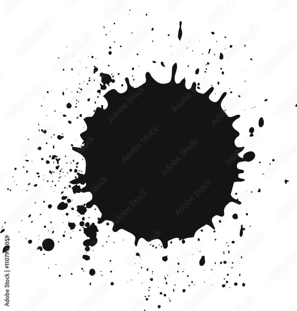 Poster captivating black ink blob with splatters on a white background, creating a modern abstract design. 