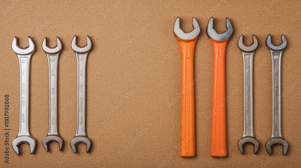 Poster a collection of various wrenches arranged neatly on a surface, showcasing both metallic and orange-h