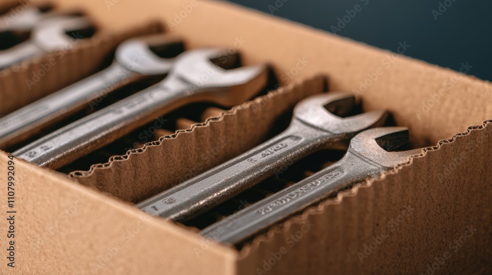 Poster a close-up view of a neatly organized set of metallic wrenches in a cardboard box, showcasing their 
