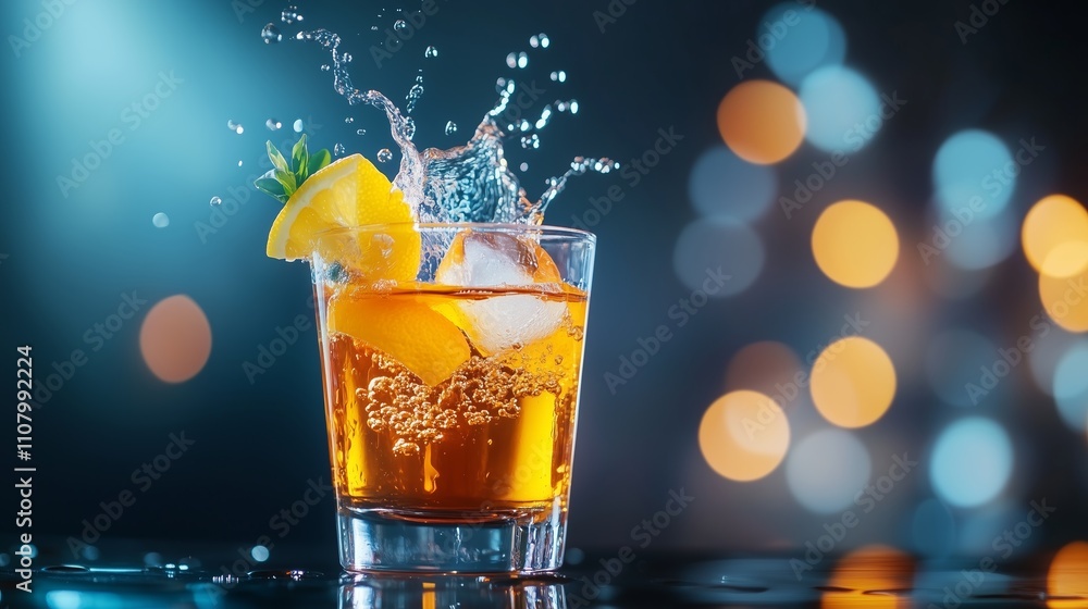 Poster refreshing beverage with ice and lemon slices splashing in a glass against a bokeh background