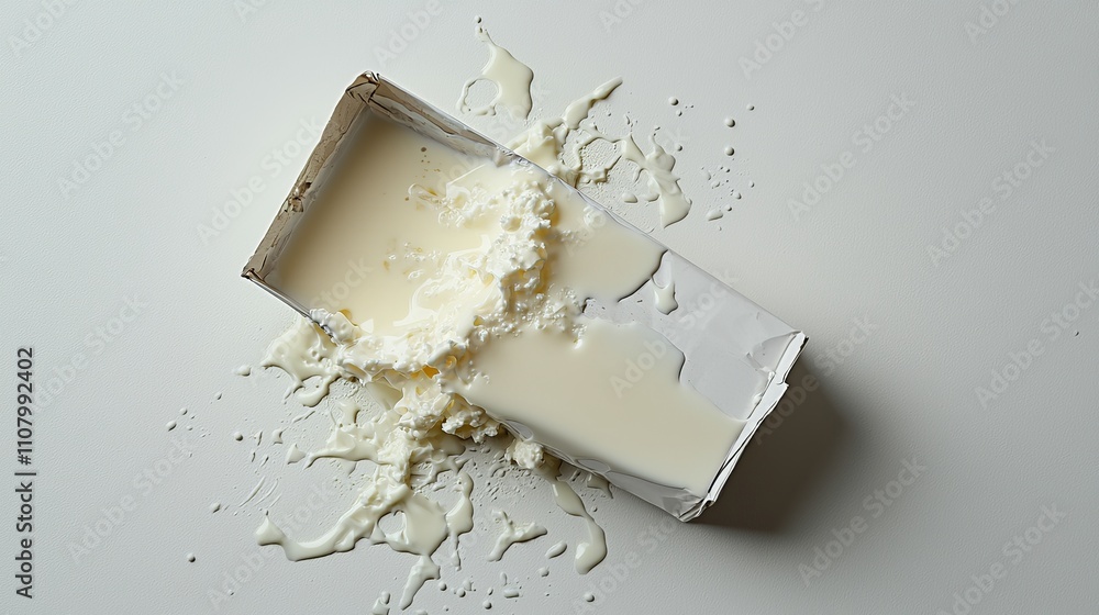 Poster a spilled container of cream creates a messy scene on a white surface, showcasing the smooth texture