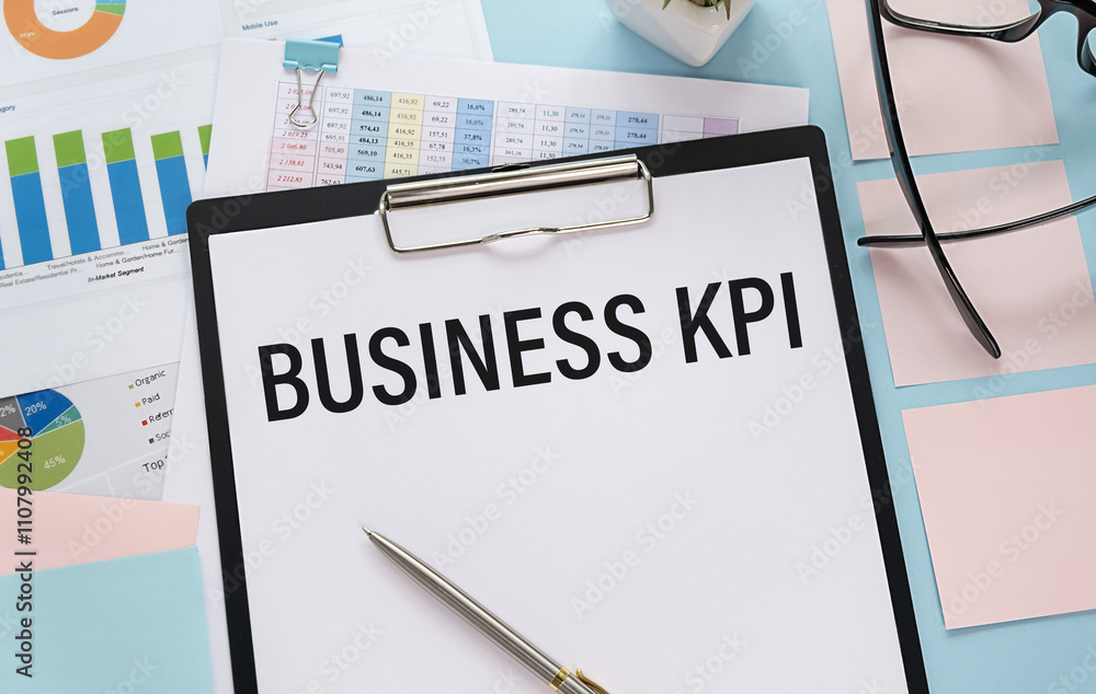 Poster business kpi - gray background, top view on notepad with text