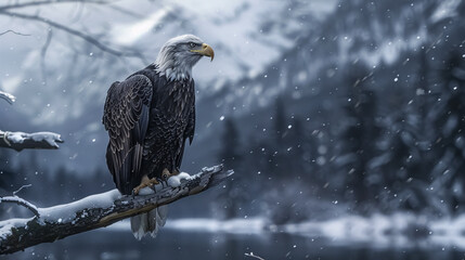 A majestic bald eagle perched on a branch, observing its surroundings