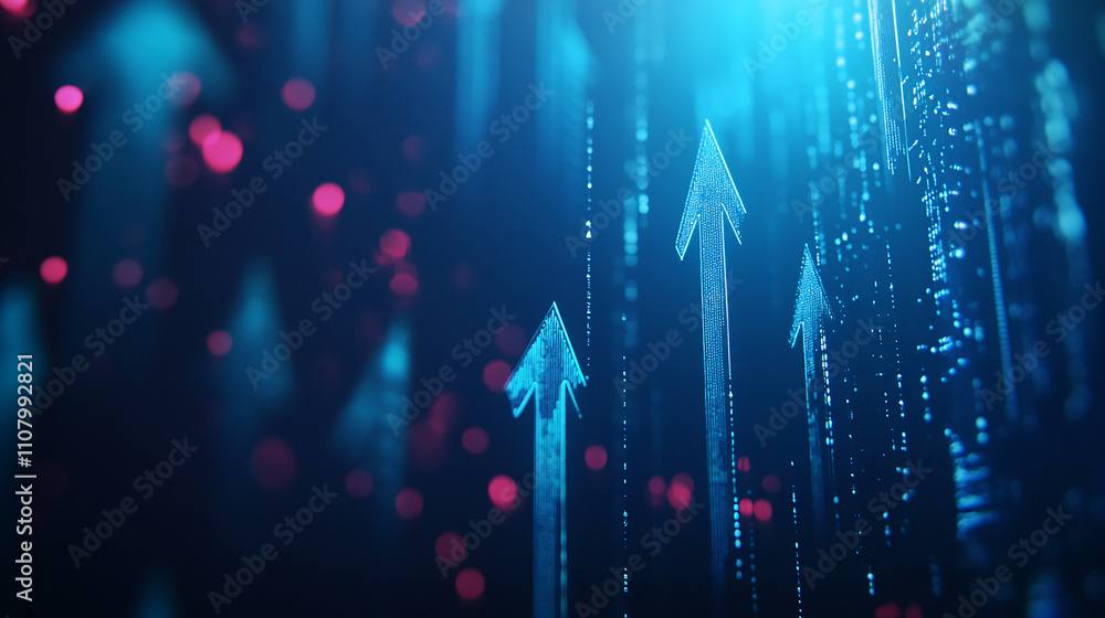 Poster vibrant arrows pointing upwards amidst digital data streams in a futuristic environment