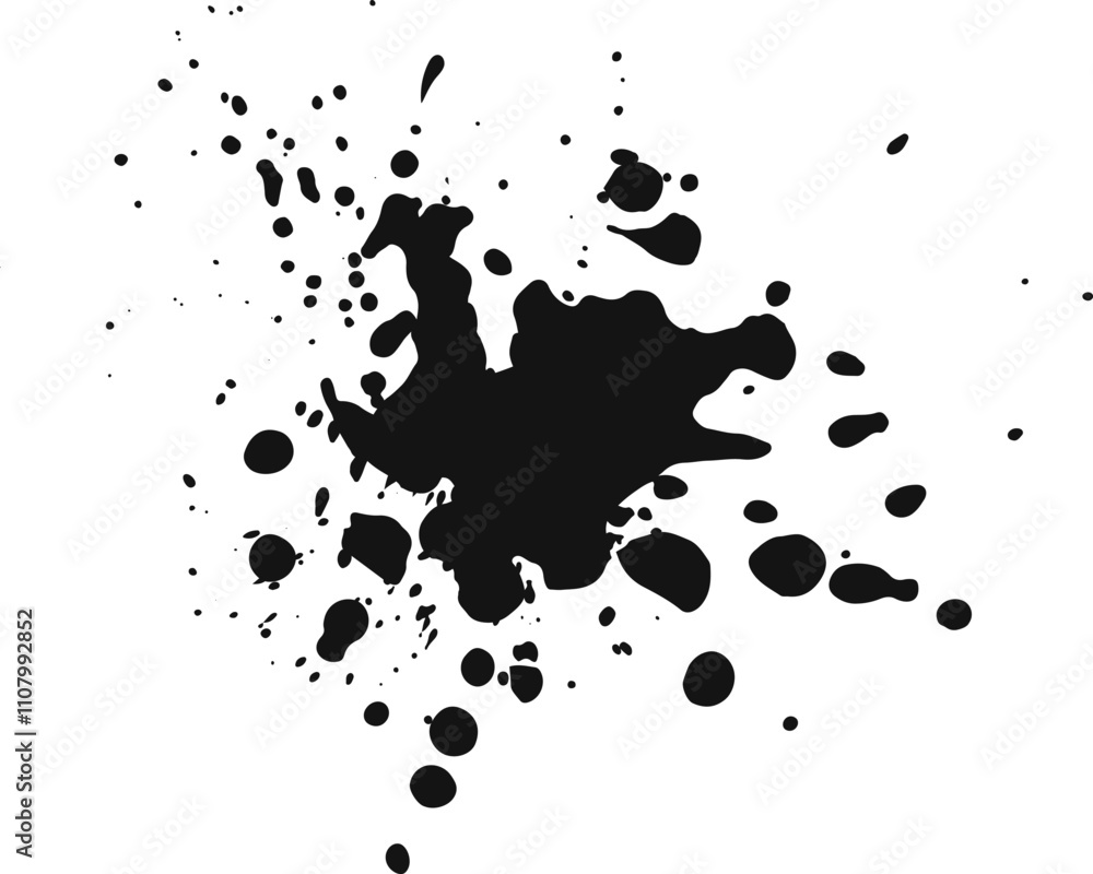 Poster black ink splatters across a white background, creating an abstract design with varying droplet size