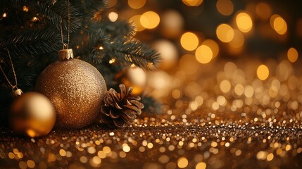 Golden Christmas Ornaments on Tree with Glittering Bokeh