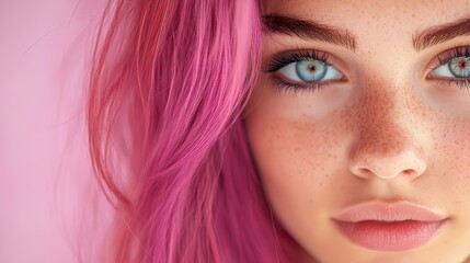Obraz premium A Stylish Woman With Striking Pink Hair and Captivating Blue Eyes Gazes Thoughtfully at the Viewer