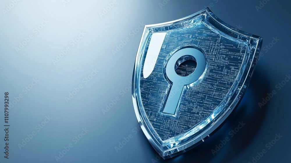 Poster data protection and cybersecurity concept a blue abstract design features a shield with a keyhole ic