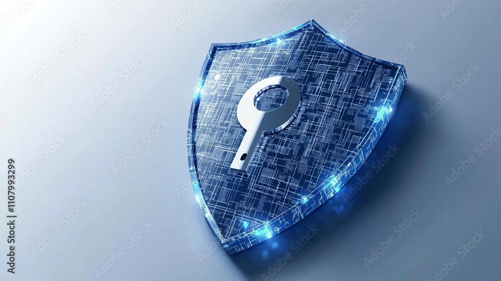 Poster data protection and cybersecurity concept a blue abstract design features a shield with a keyhole ic