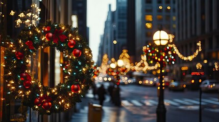 Downtown Christmas Light Display on Buildings and Lamp Posts Holiday Light Displays ,Winter...