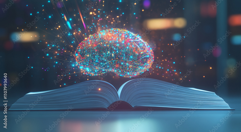Fototapete Sparkling brain above an open book symbolizing knowledge and creativity in a modern setting