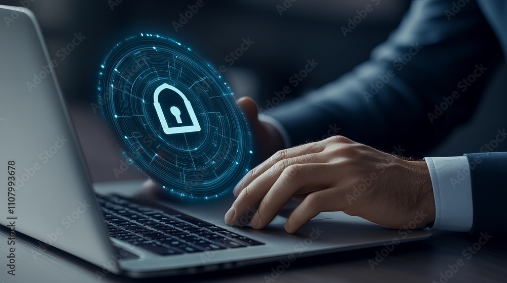 Poster data protection and cybersecurity concept a businessman uses a laptop with secure encryption firewal