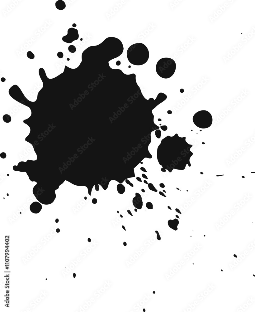 Poster black ink splatters on white background, creating abstract shape with grunge and modern design eleme