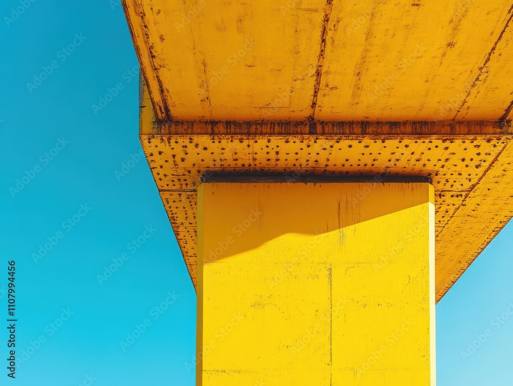 Poster abstract view of a bold yellow concrete structure under a bright blue sky highlighting textures and 