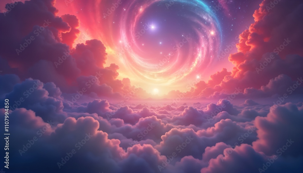 Poster celestial dawn. swirling nebulae. mystical mist. divine light. nostalgic beauty. vast clouds. colorf