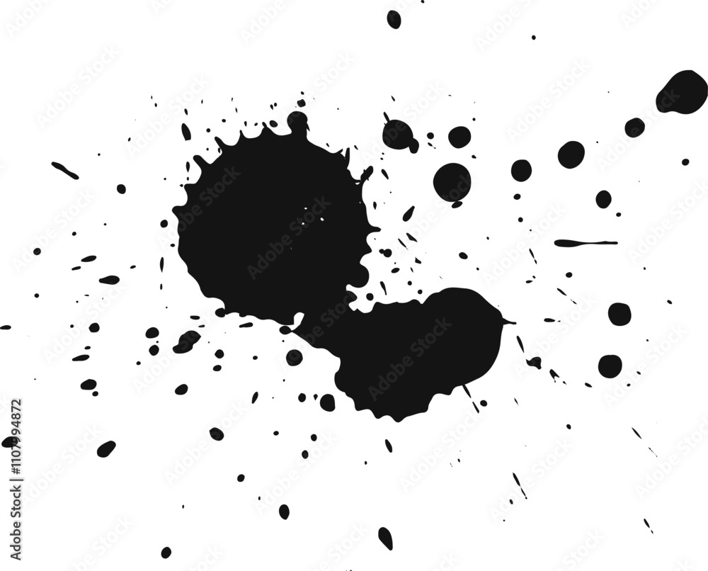 Poster black ink splatters creating abstract shapes on a clean white background, offering a striking visual