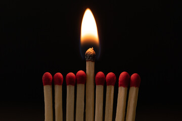 Macro shot of a burning wooden match