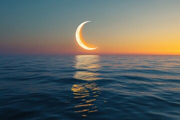 Crescent Moon Over Calm Ocean Sunset Waters
