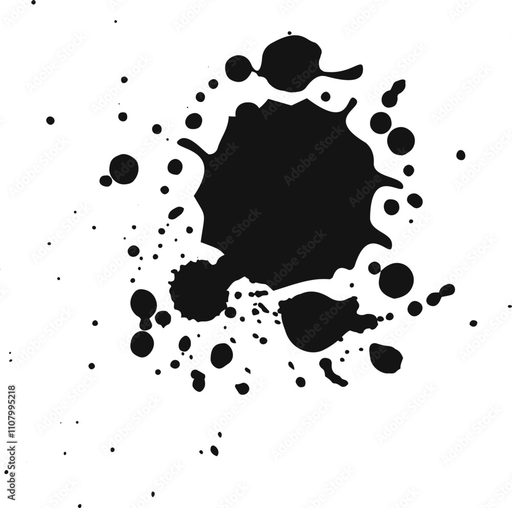 Poster captivating black ink splashing on white background. forming abstract shape with droplets and splatt