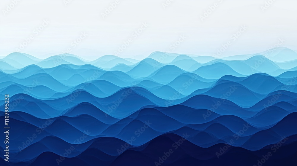 Poster Abstract image of ocean waves with blue gradient. Calm, serene background. Gentle waves create layered effect. Darker shades near bottom. Suitable as wallpaper digital art. Evokes tranquil