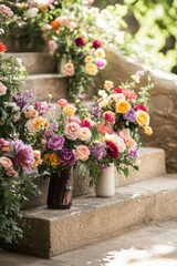 Naklejka premium Beautiful floral arrangement on stone steps featuring a mix of colorful roses, violets, and greenery creating a serene and enchanting atmosphere in natural light.