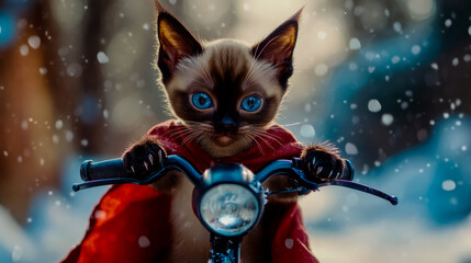 Fototapeta premium Siamese cat with shiny black fur and large ears, with three long hairs on its forehead, grips the handlebars of a scooter tightly with its front hooves.