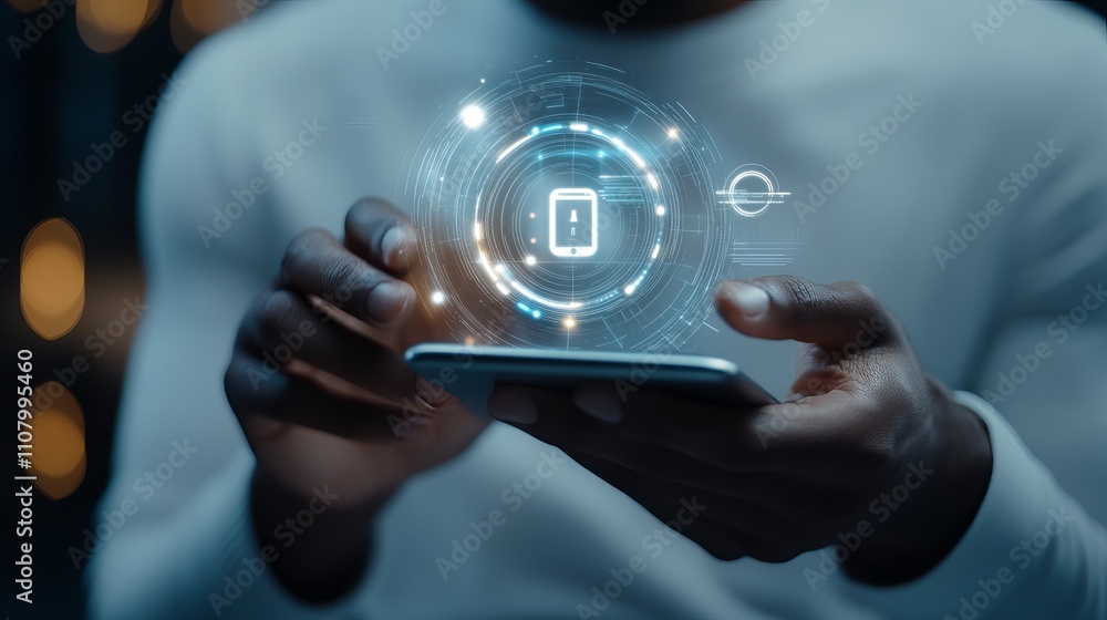 Poster digital shield lock and personal information icons appear as a man uses a smartphone illustrating cy
