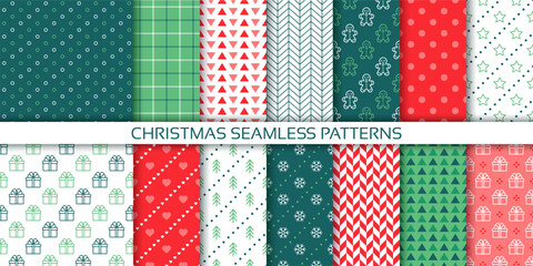 Christmas wrapping background. Seamless pattern. Set gift wrap papers. Xmas green red wallpaper. Holiday textures with present, tree, gingerbread men, triangle, dots. Noel prints. Vector illustration