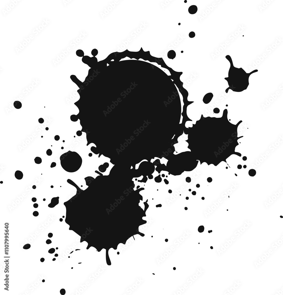 Poster black ink splatters create various abstract shapes and textures against a clean white background, of