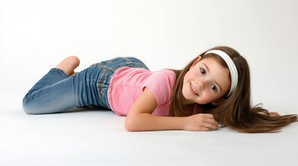 A young girl lies on her stomach, smiling, with long hair and casual clothing.