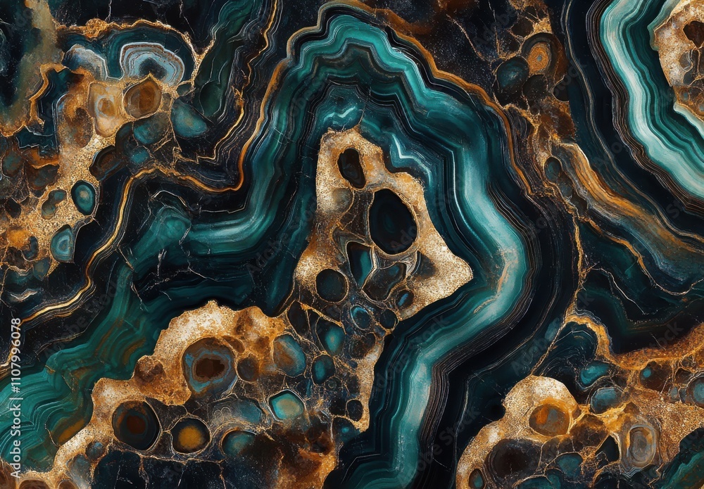 Poster captivating abstract art of deep teal and gold stone patterns showcasing rich textures and intricate
