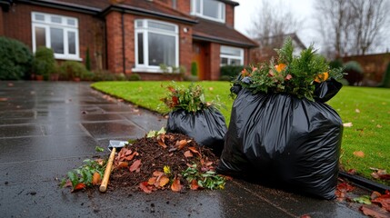 A garden cleanup in an English backyard featuring filled trash bags with branches and leaves, along with a spade ready for more debris