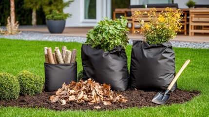A garden cleanup in an English backyard featuring filled trash bags with branches and leaves, along with a spade ready for more debris