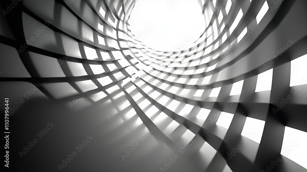 Poster abstract view of light shining through a woven tunnel structure in a monochromatic setting