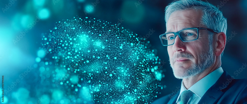 Aufkleber businessman in suit and glasses contemplates digital innovation, surrounded by glowing network of da
