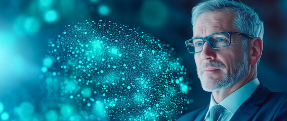 businessman in suit and glasses contemplates digital innovation, surrounded by glowing network of data points. His expression reflects deep thought and insight
